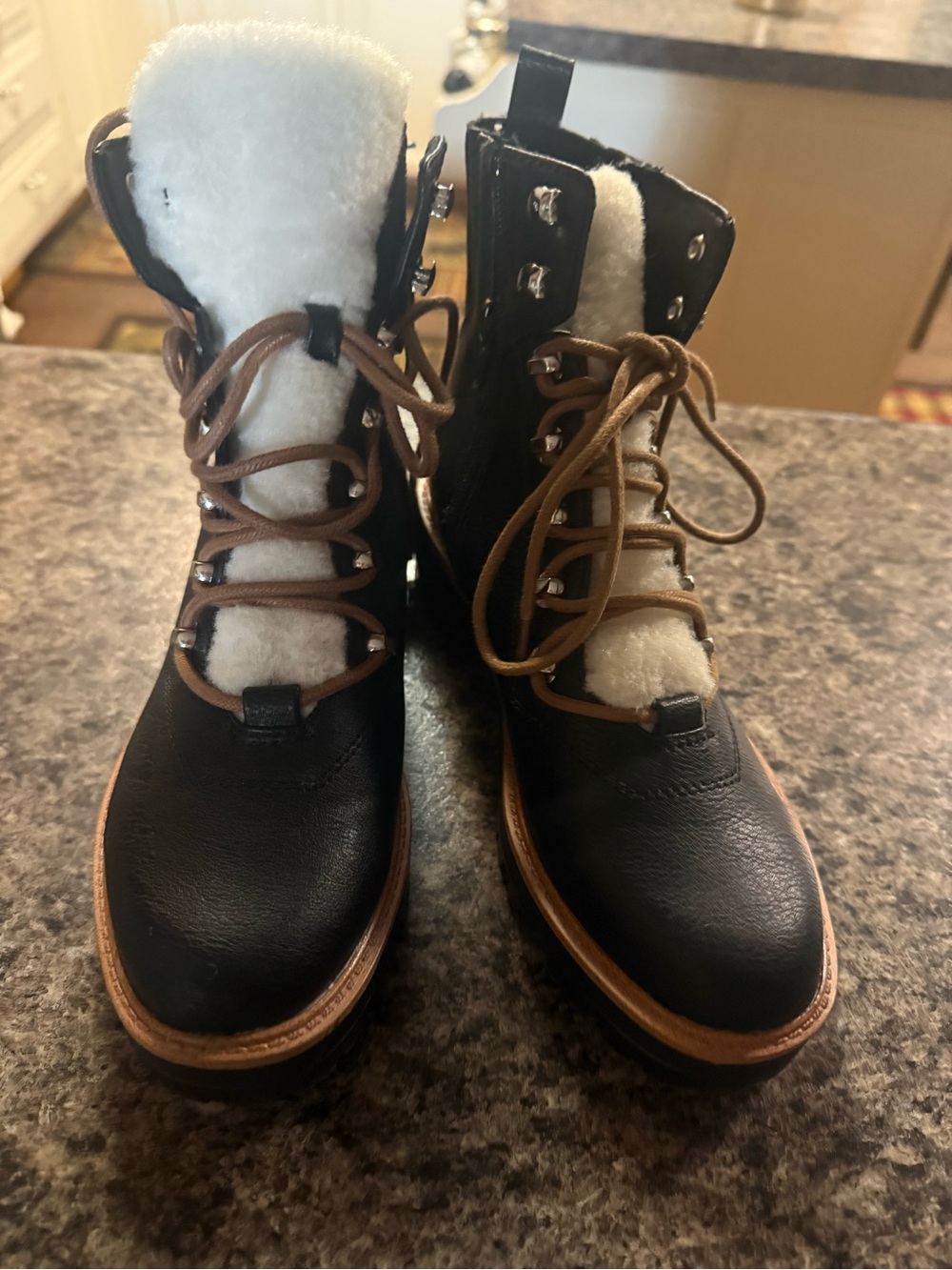 Indigo Black Lace-Up Boots with White Faux-Shearling Trim